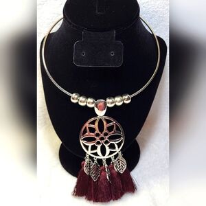 CATO Burgundy Tassel and Silver Leaves Choker Statement Necklace